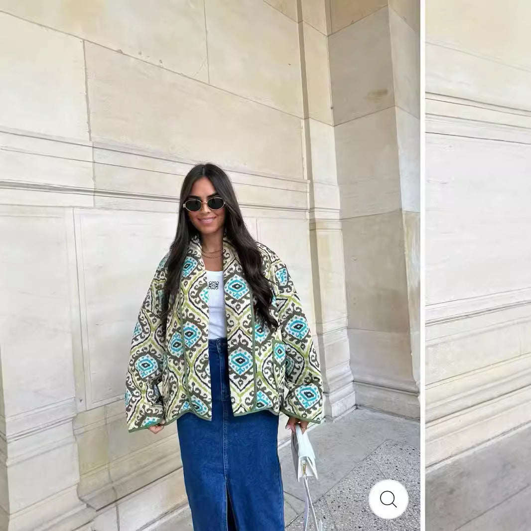 Women's Quilted Kimono Jacket with Graphic Allover Pattern, Shawl Collar and Patch Pockets Chichicherry