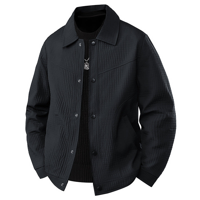 Men's Light Transitional Jacket in Worker Style with Microstructured Twill Look and Snap Button Placket Chichicherry