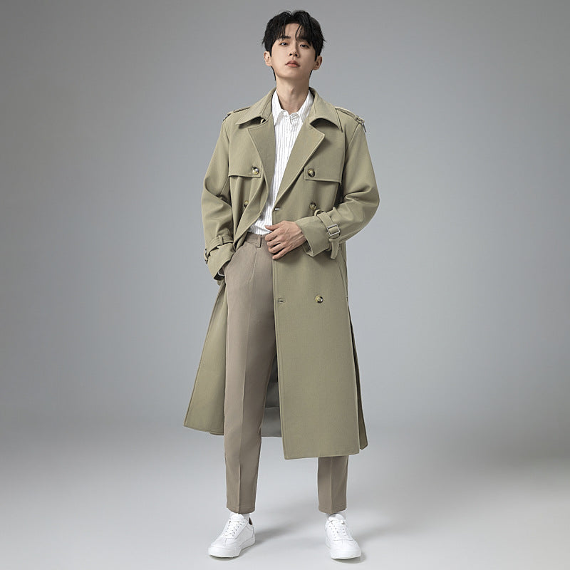 Men's Modern Maxi Long Double-Breasted Trench Coat with Classic Lapels and Adjustable Cuffs Chichicherry