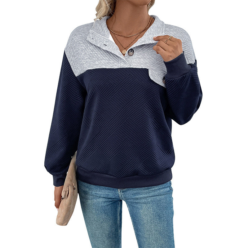 Women's Textured Colorblock Sweatshirt Pullover with Shirt Collar, Button Detail and Textured Knit Chichicherry