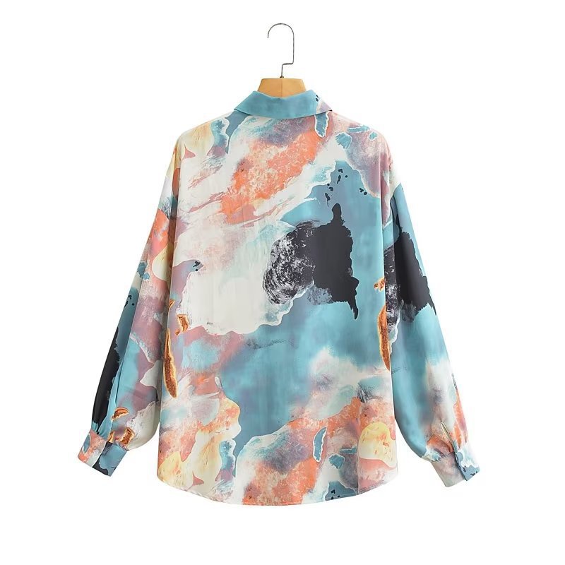 Women's silk look shirt blouse with abstract print and oversized cut Chichicherry