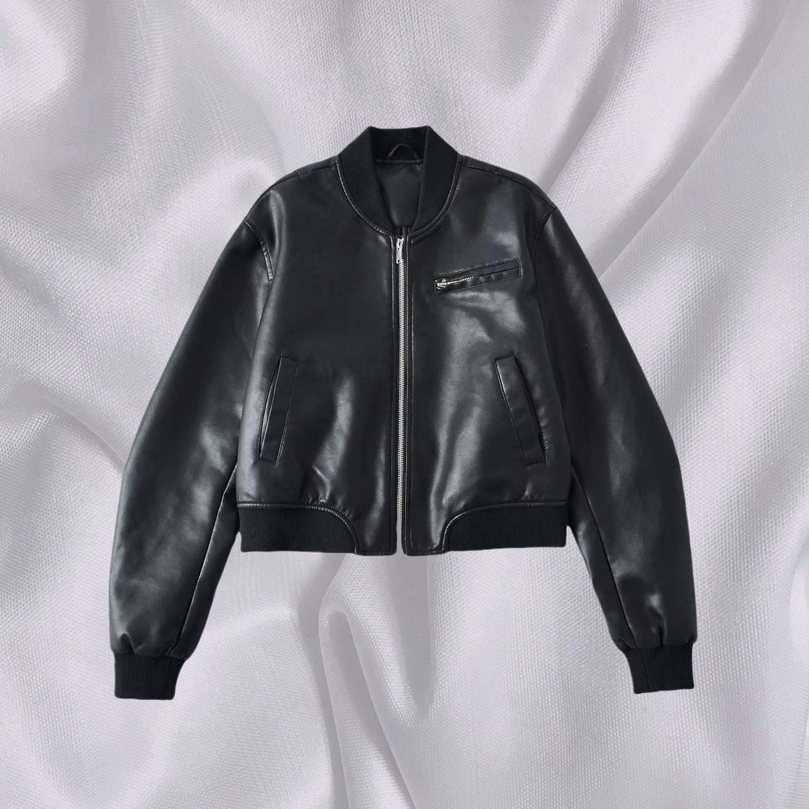 Women Short Leather Look Bomber Jacket with Ribbed Cuffs and Chest Zipper Pocket Chichicherry