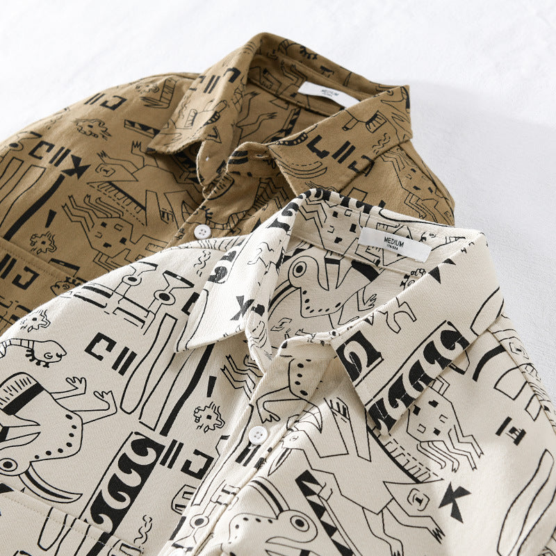 Men's Lightweight Cotton Overshirt with Artistic Line Print and Double Chest Pocket Chichicherry