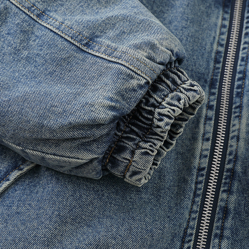 Unisex Boxy Denim Jacket with Full Zip, Elastic Hem and Sleeve Utility Pocket Chichicherry