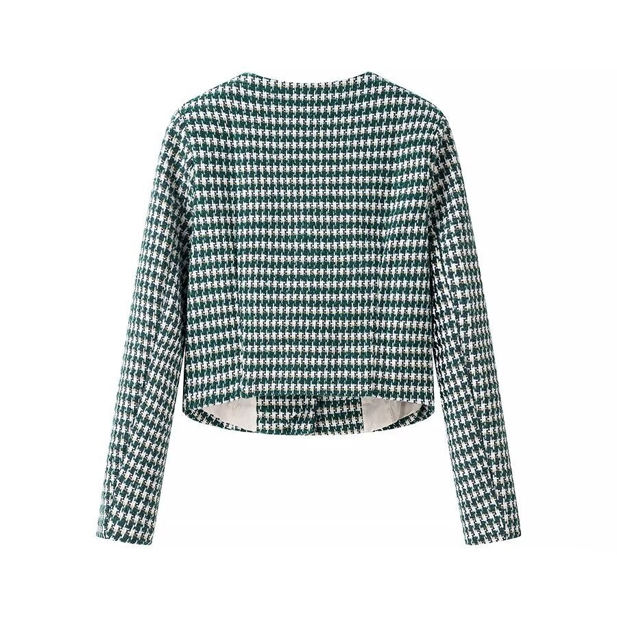 Women Tailored Boucle Short Blazer with Houndstooth Pattern and Decorative Buttons Chichicherry