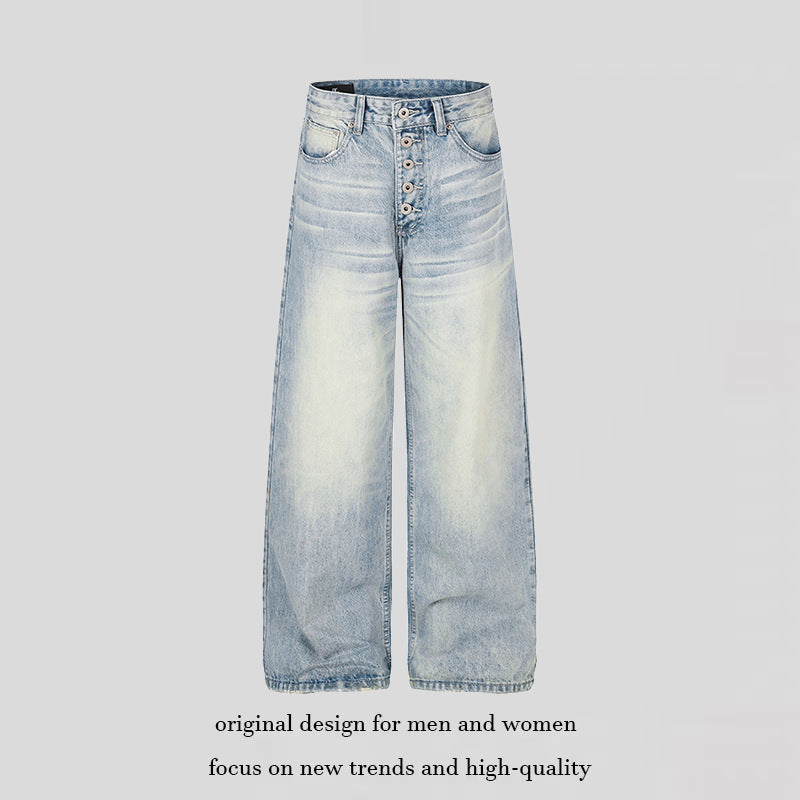 Women's High-Waist Wide Denim Palazzo Jeans with Button Fly and Used Wash Chichicherry