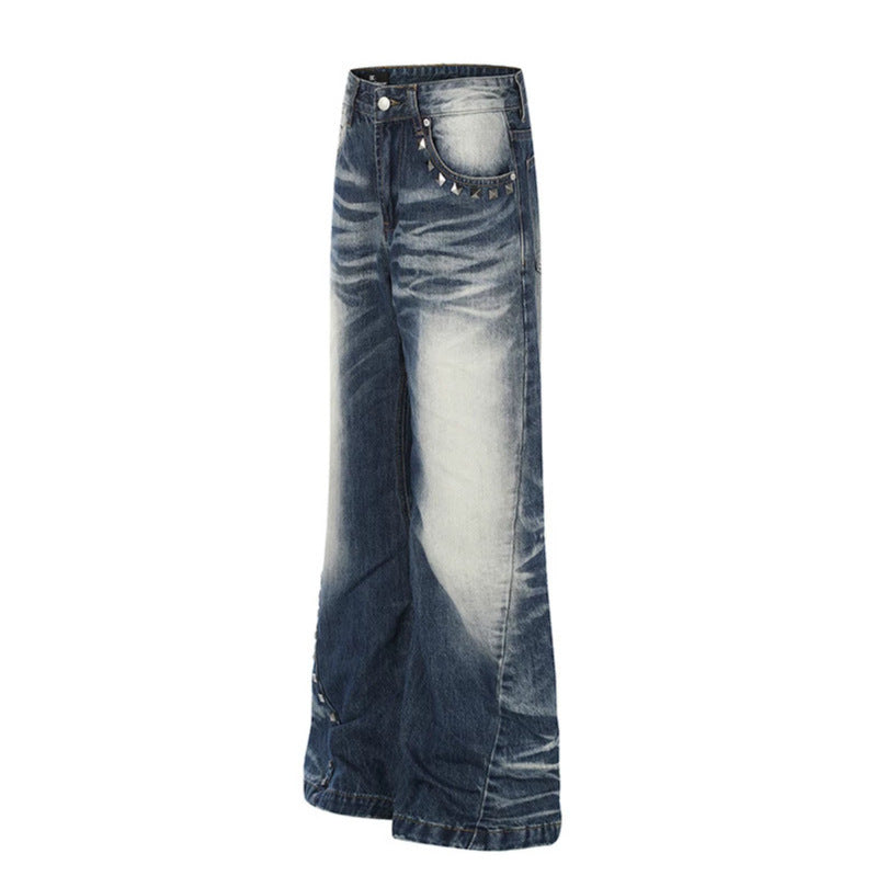 Women High-Waisted Wide Flare Jeans with Used Wash and Studded Trim Chichicherry
