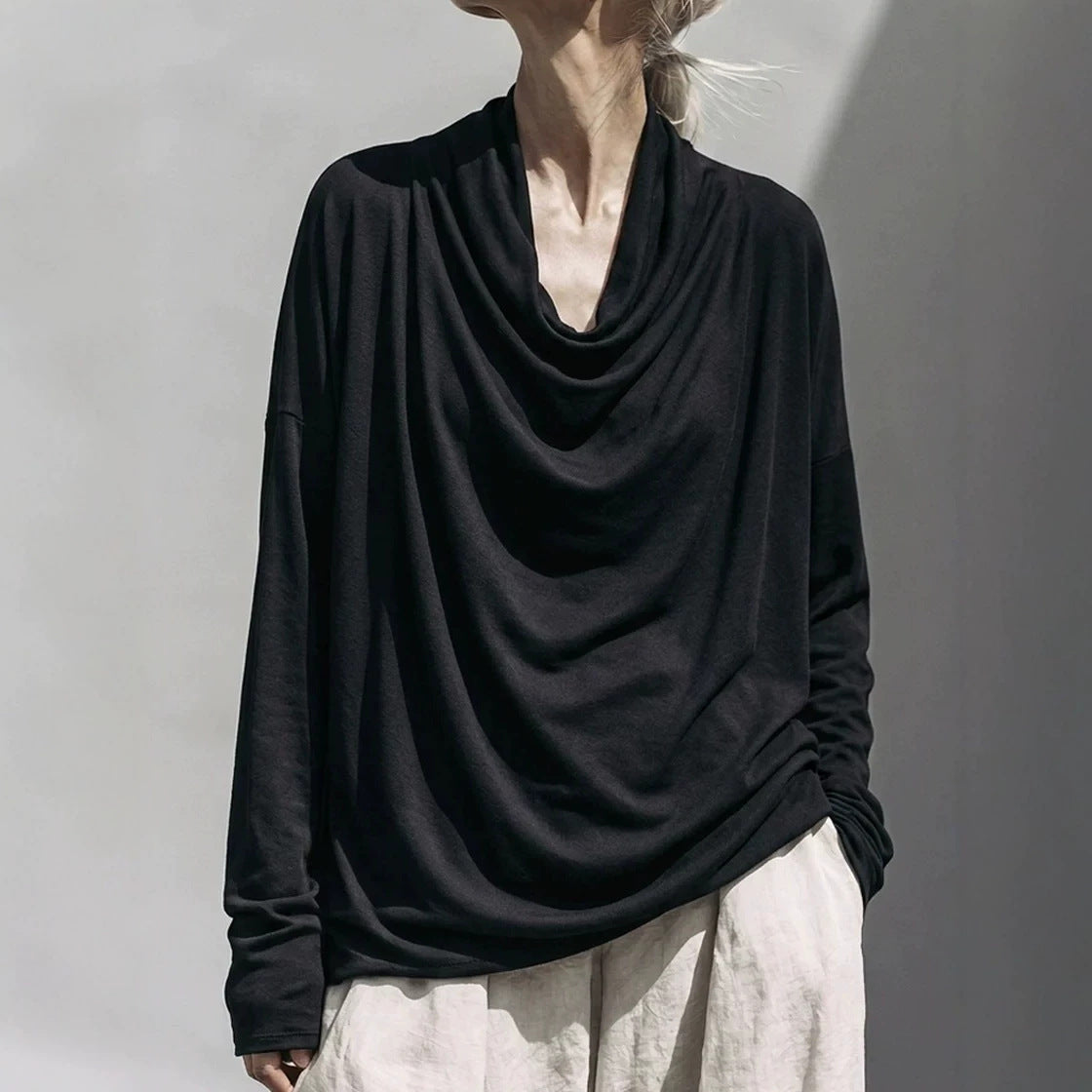 Women's Draped Oversized Long Sleeve Shirt with Waterfall Collar Chichicherry