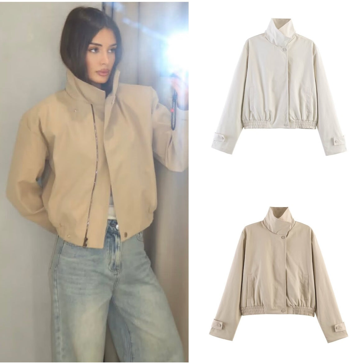 Ladies short jacket with high stand-up collar, elastic waistband and concealed snap button placket Chichicherry