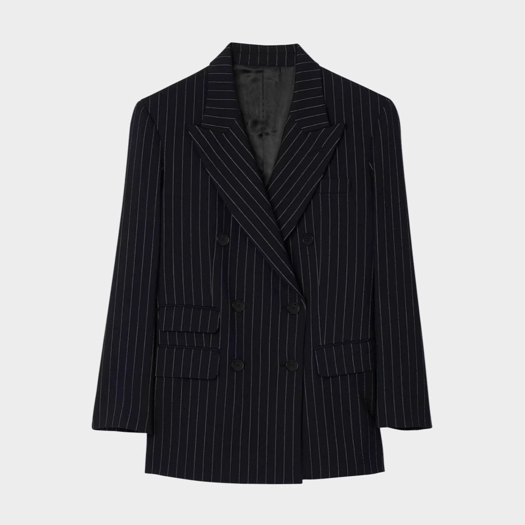 Women Double-Breasted Pinstripe Suit with Oversized Blazer and Wide Pleated Pants Chichicherry