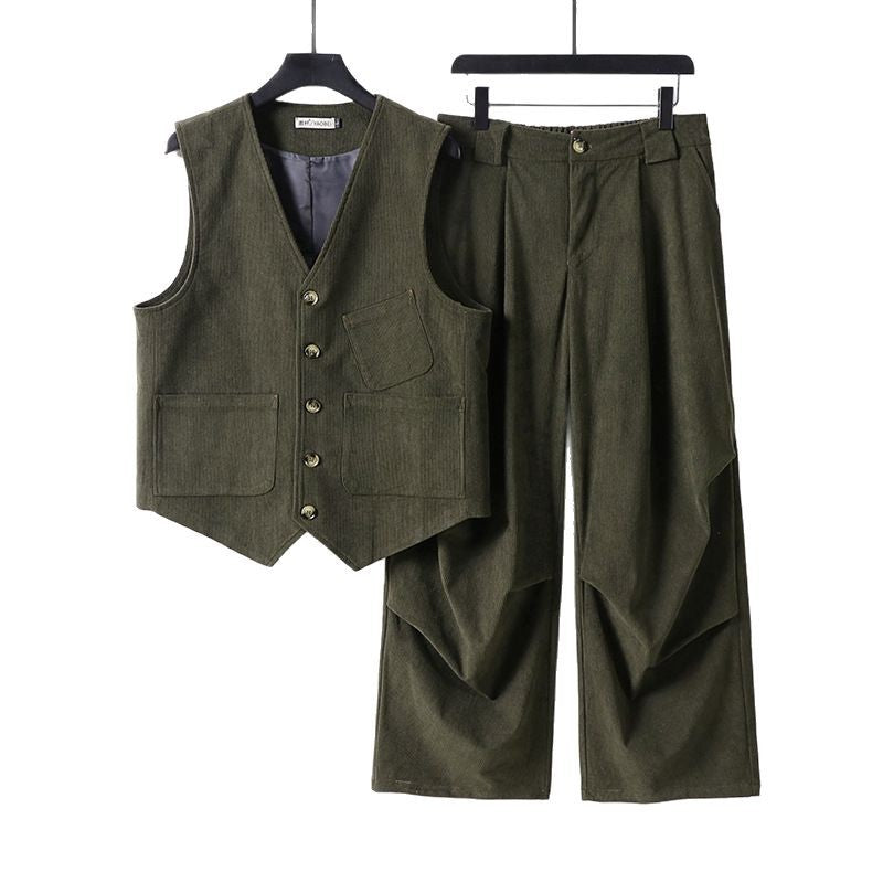 Men's Two-Piece Vest and Pleated Trousers Set in Modern Workwear Style Chichicherry
