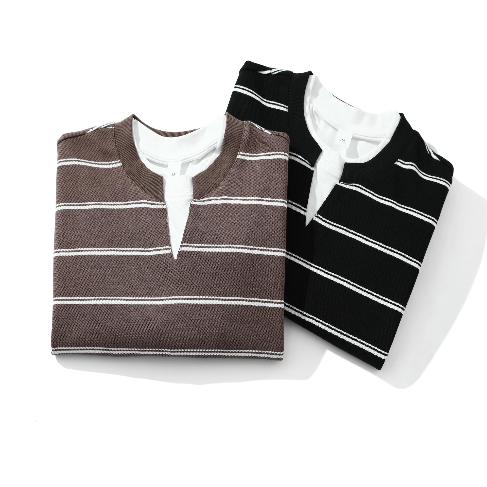 Unisex Striped Long Sleeve Sweatshirt with V-Notch and Waffle Texture Chichicherry