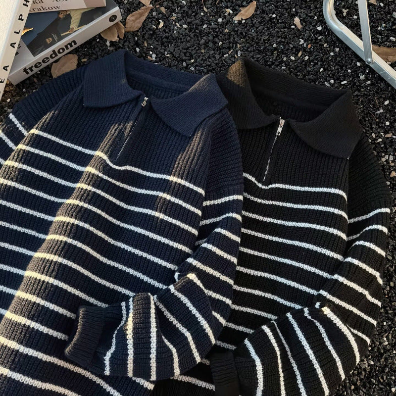 Unisex Grobgestrickter Oversize-Pullover mit halbem Reißverschluss und Polokragen Chichicherry