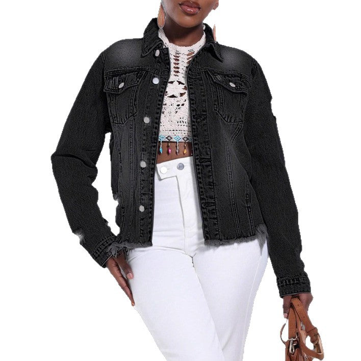 Women's Distressed Denim Jacket with Frayed Hem and Relaxed Fit Chichicherry