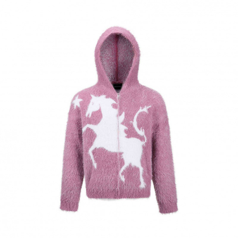 Unisex Fluffy Hoodie with Unicorn Motif and Continuous Zipper Chichicherry