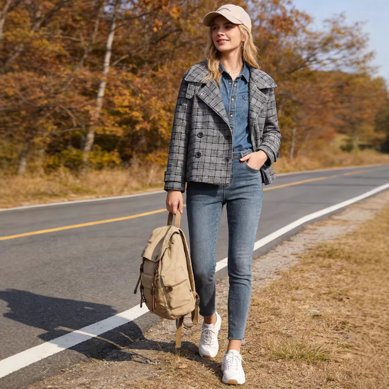 Women's Short Double-Breasted Glencheck Coat with Wide Lapels Chichicherry