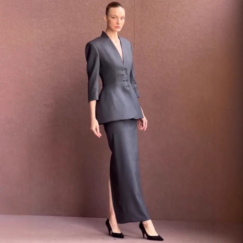 Women Tailored Peplum Blazer with Emphasized Waist and Deep V-Neck Chichicherry