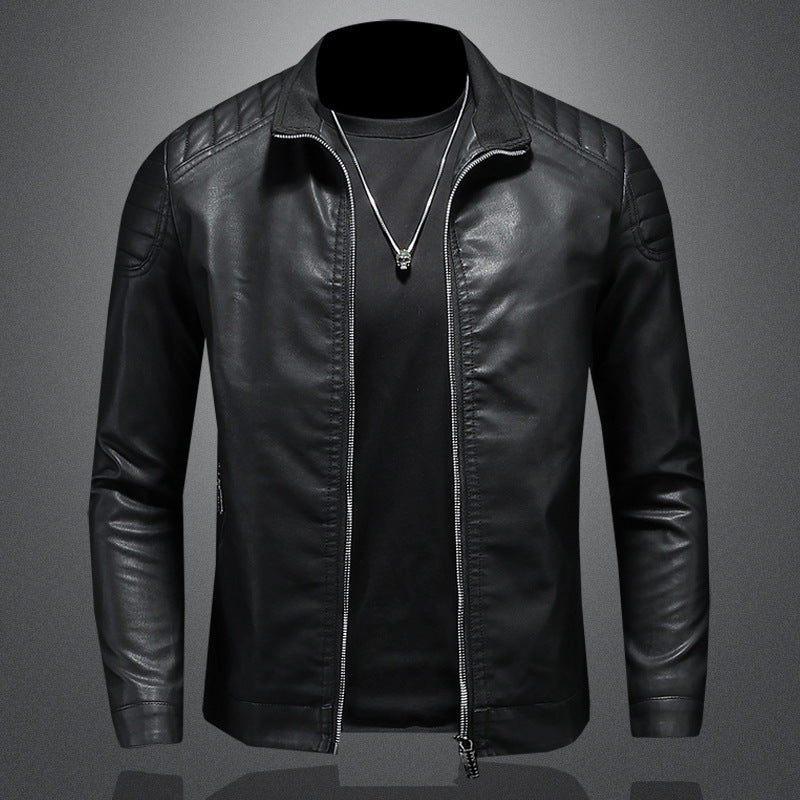 Men's slim fit faux leather moto jacket with stand-up collar and quilted shoulder yoke Chichicherry