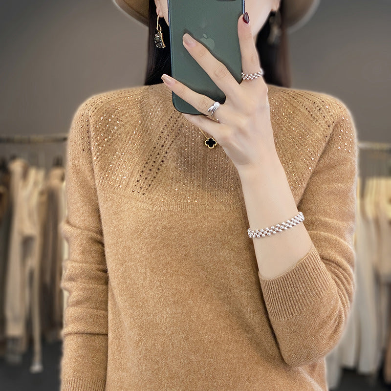 Ladies Soft Cashmere-Look Fine Knit Sweater with Ajour-Yoke and Sequin Trim Chichicherry