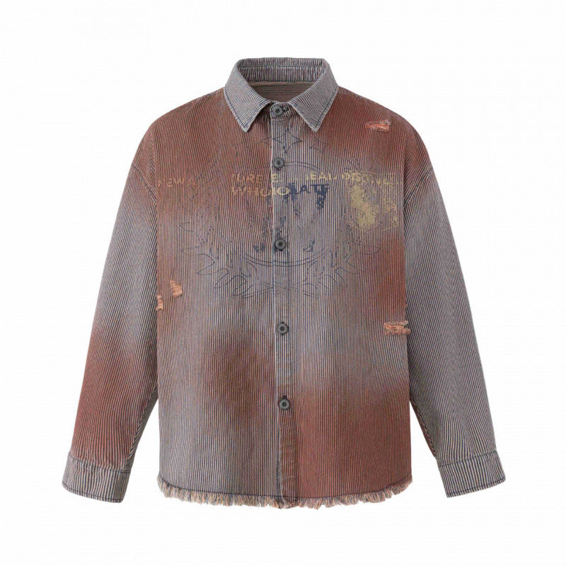 Unisex Boxy Overshirt Jacket made of Fine Cord with Used Effect, Fringes and Button Placket Chichicherry