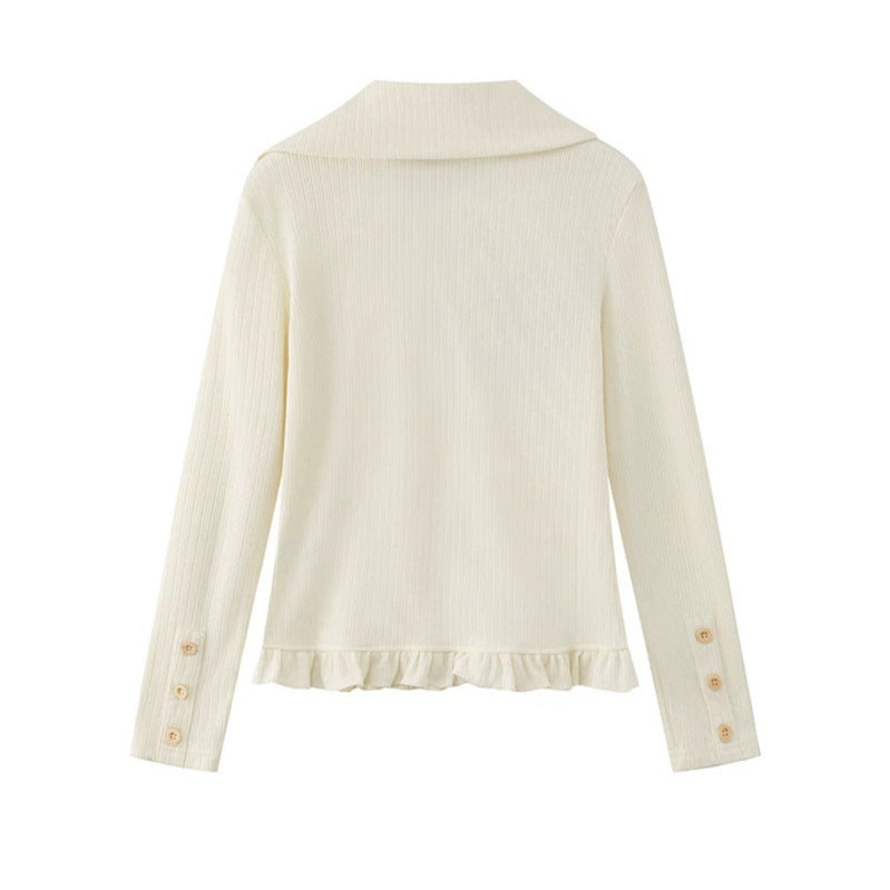 Women's cardigan with button placket, large collar, ruffled hem and star appliqués Chichicherry