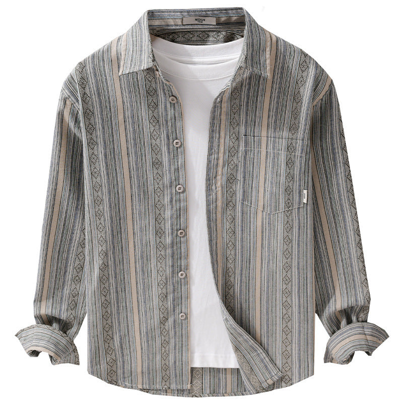 Men's Lightweight Striped Cotton-Linen Shirt in Ethnic Stripe Pattern Chichicherry