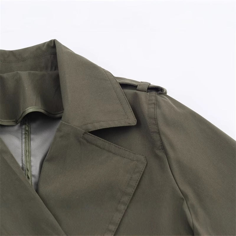 Women's short trench coat with A-line silhouette, double-breasted button placket, detachable belt, and shoulder epaulettes Chichicherry