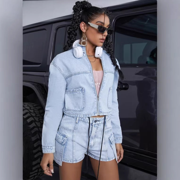 Women's short denim set with cropped jacket and cargo shorts Chichicherry