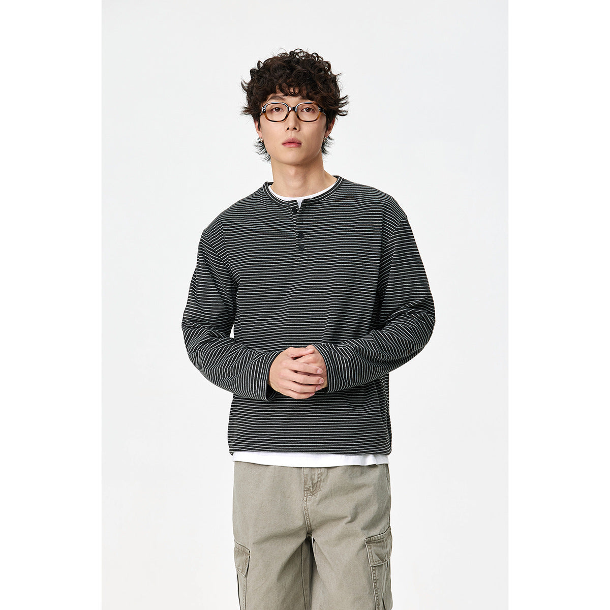 Unisex Striped Henley Long Sleeve Shirt in Oversize Relaxed Fit with Button Placket Chichicherry