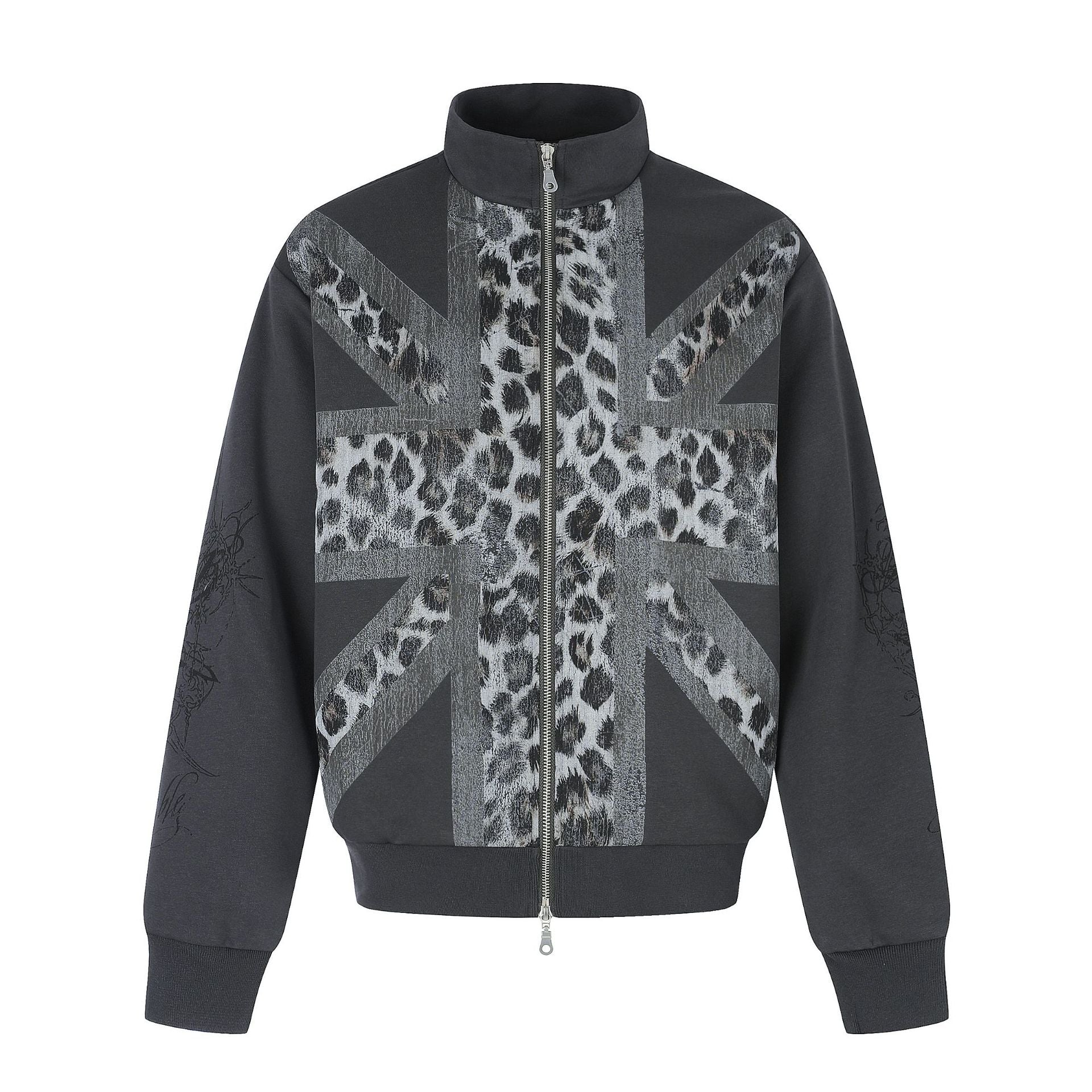 Women's Oversized Sweat Jacket with Stand-up Collar and Leopard Print Chichicherry