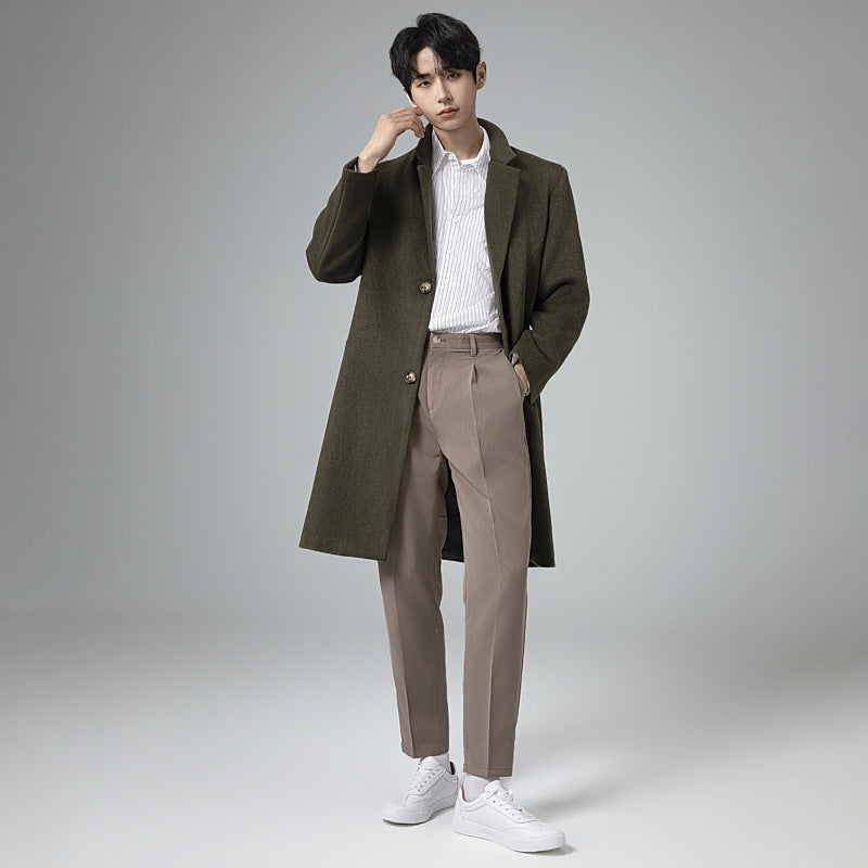 Men's Elegant Longline Wool Coat with Minimalist Lapel and Tailored Silhouette Chichicherry