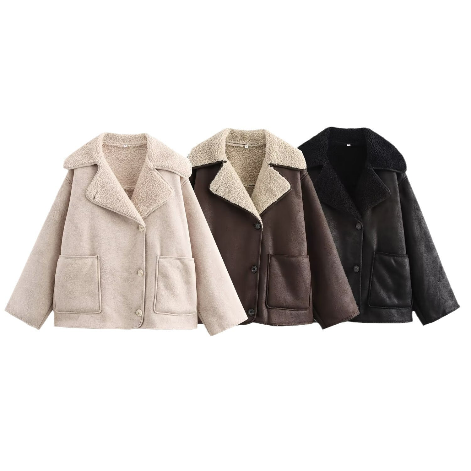 Women Short Lambskin Look Jacket in Boxy Cut with Shawl Collar and Patch Pockets Chichicherry
