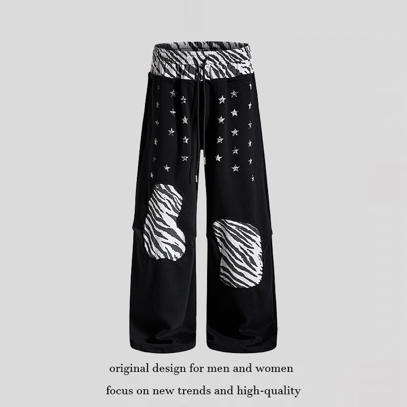 Women's Casual Palazzo Jogging Pants with Elastic Waistband, Zebra Knee Patches and Star Print Chichicherry