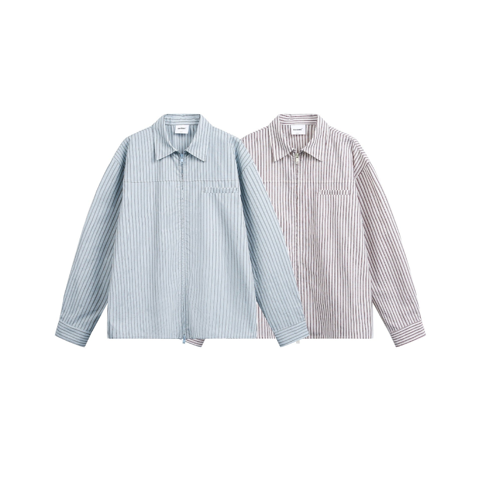 Men Striped Overshirt with Two-Way Zipper and Chest Pocket Chichicherry