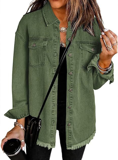 Women's Oversized Denim Shirt Jacket with Fringe Hem Chichicherry