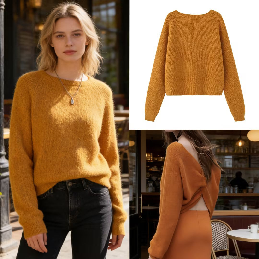 Ladies chunky knitted pullover with boat neck and cropped cut Chichicherry
