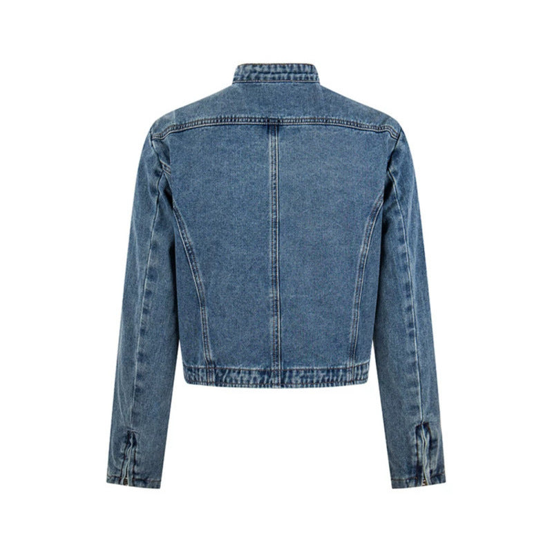 Women's short tailored denim jacket with stand-up collar and hidden zipper Chichicherry