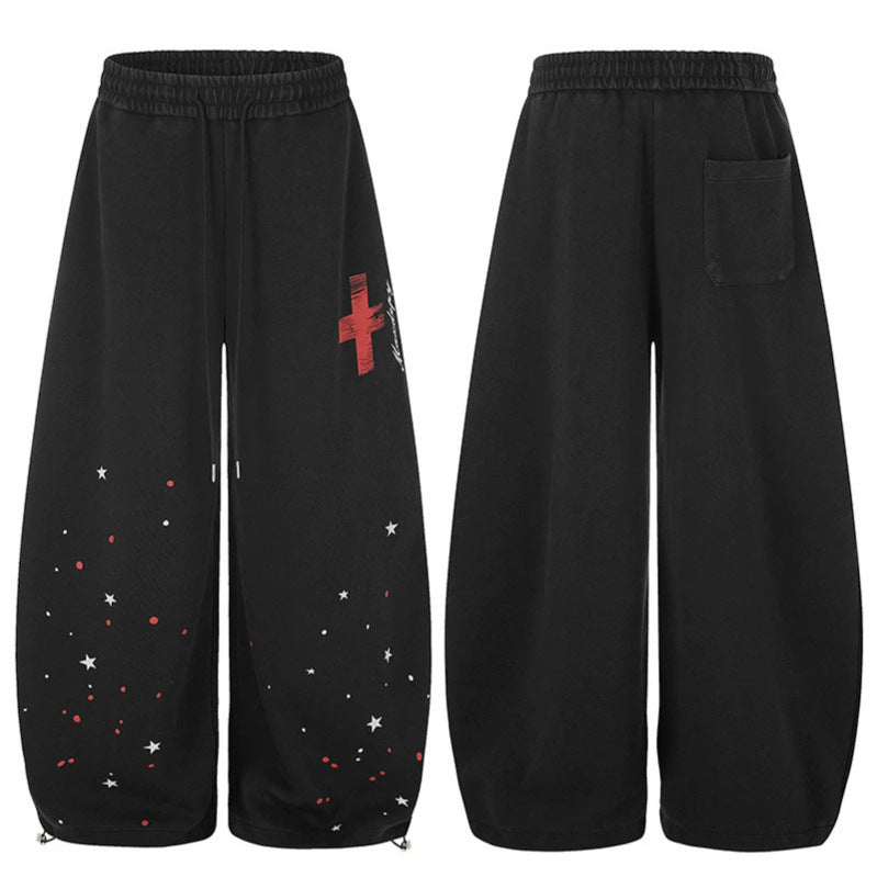 Women's Extra Wide Palazzo Sweatpants with Drawstring Waist, Star Print & Adjustable Balloon Hem Chichicherry