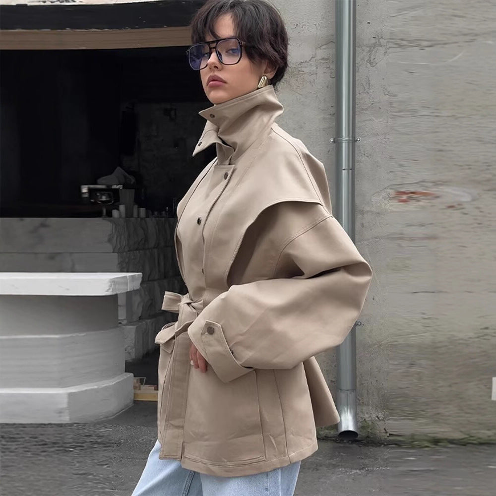 Women's Tailored Transition Jacket with Stand Collar, Shoulder Cape and Belt Chichicherry