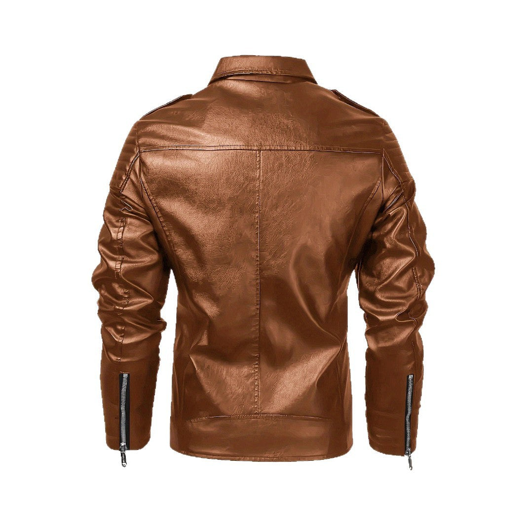Men's biker jacket made of faux leather with asymmetrical zipper and padded shoulder inserts Chichicherry