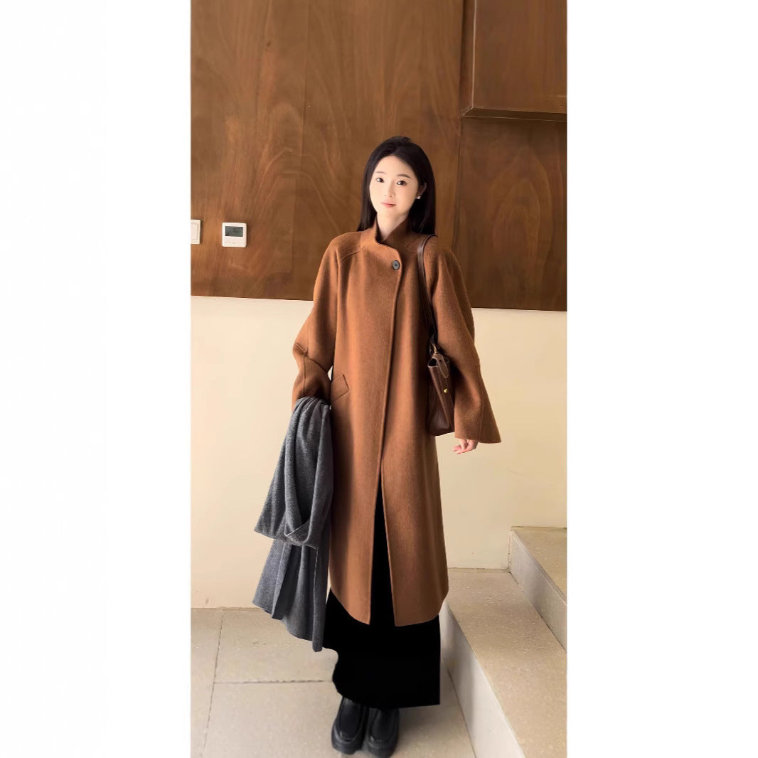 Women's Oversized Wool Coat with Stand Collar and Single-Button Closure Chichicherry
