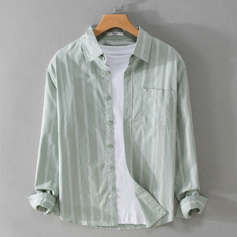 Men's Lightweight Cotton Shirt in Relaxed Fit with Vertical Contrast Stripes and Chest Pocket Chichicherry