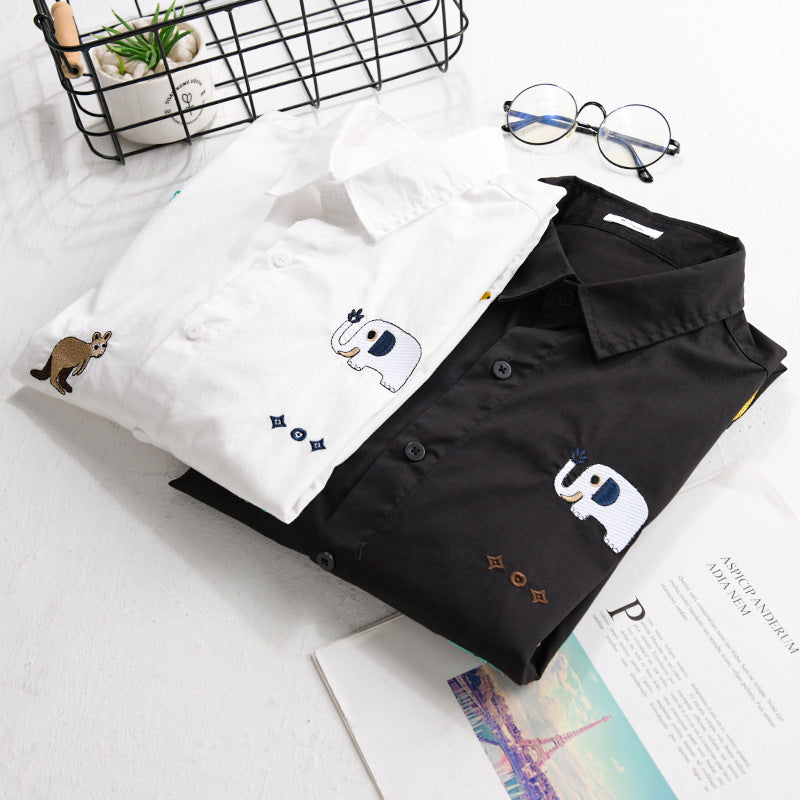 Women's Loose Cotton Shirt with Hand-Embroidered Safari Motifs Chichicherry