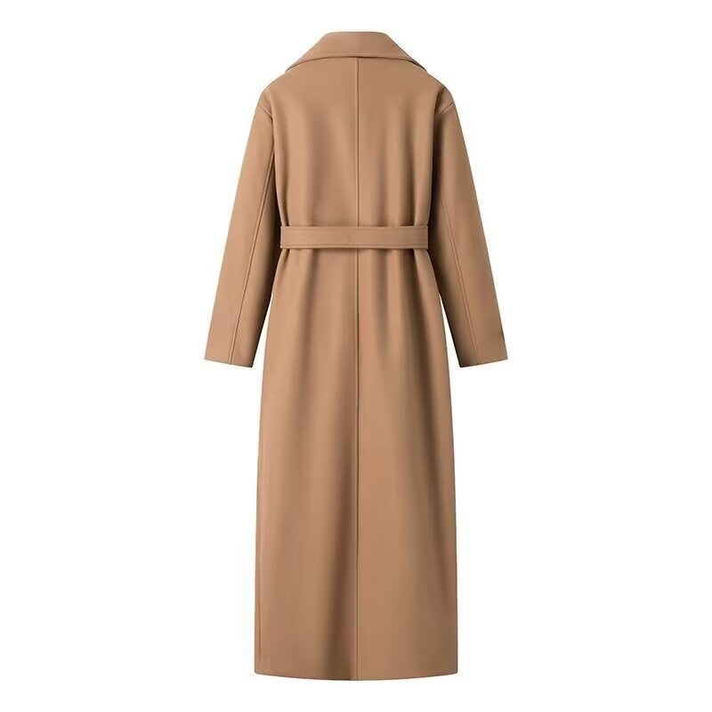 Women's Double-Breasted Maxi Length Trench Coat with Tie Belt and Cape Overlay Chichicherry
