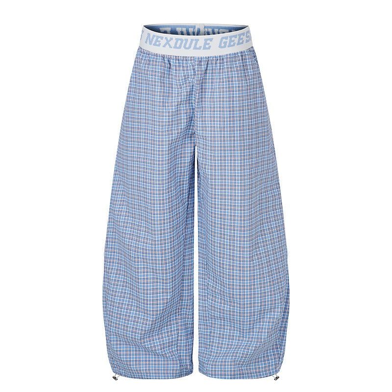 Women's Wide Checkered Lounge Pants with Elastic Logo Waistband and Drawstring Hem Chichicherry