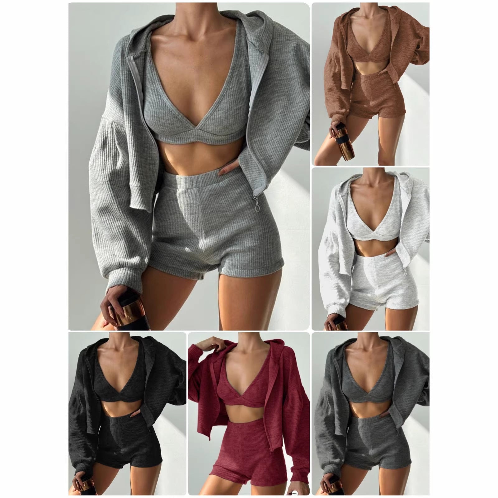Damen Geripptes Lounge-Set mit Reißverschluss-Hoodie, Stretch-Bralette und High-Waist-Shorts Chichicherry