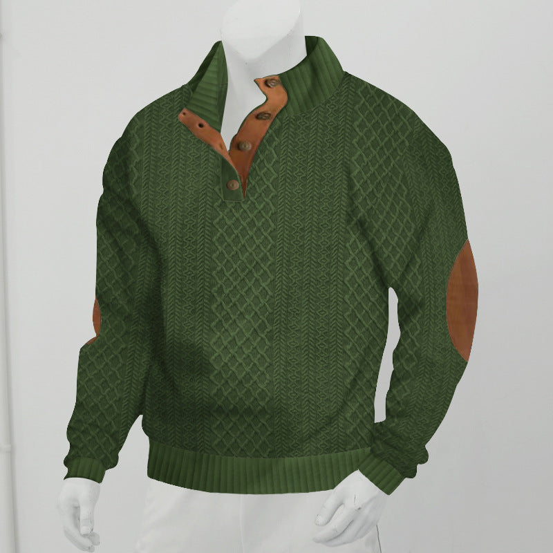 Men's Structured Aran Knit Sweater with Half Button Placket Collar and Leather Elbow Patches Chichicherry