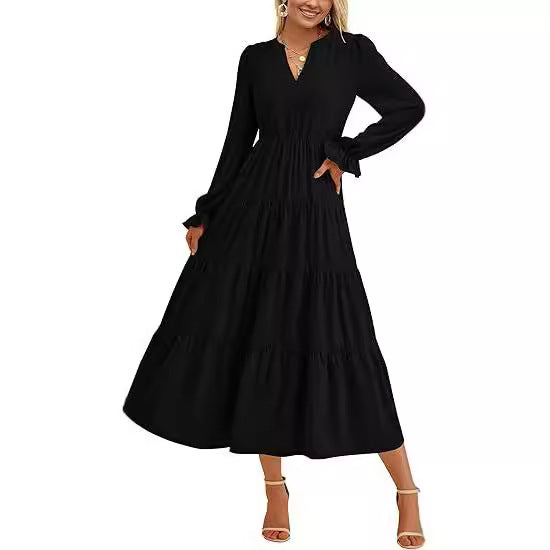 Women's Tiered Midi Dress with V-Neck, Gathered Waist Seam and Ruffle Cuffs Chichicherry