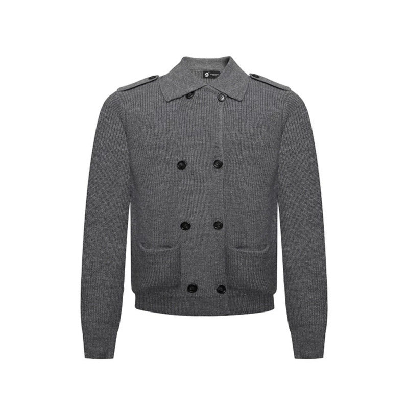 Men's knit double-breasted cardigan with collar, shoulder tabs, and welt pockets Chichicherry