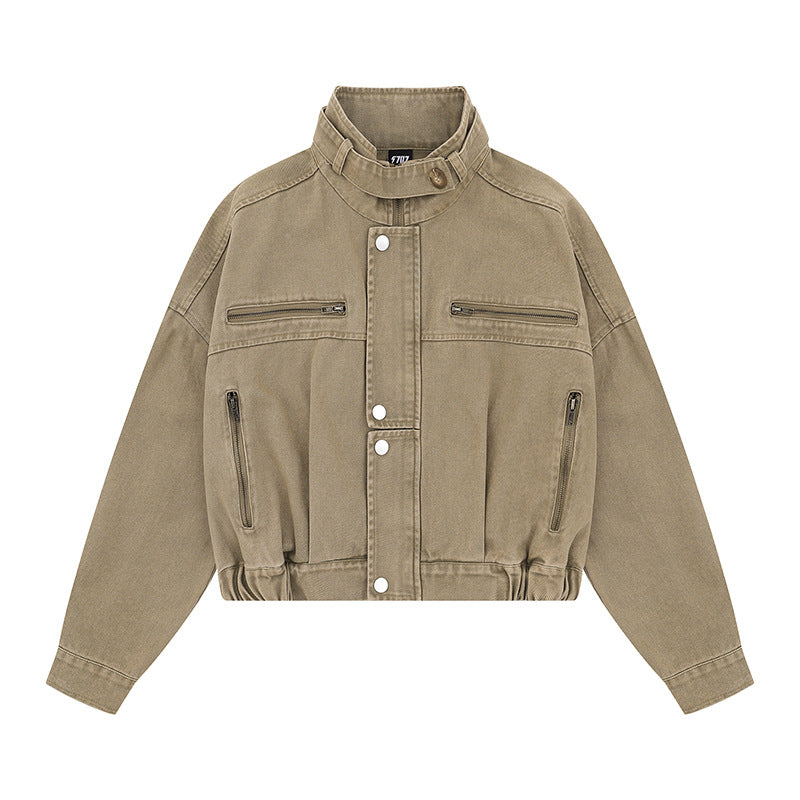 Women's Cropped Utility Bomber Jacket with Stand-Up Collar, Zipper Pockets and Elastic Cuffs Chichicherry
